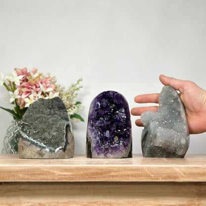 Mineralien-Kathedralen- und Drusen-Set 3-teilig, mit dicht gewachsener Kristallstruktur