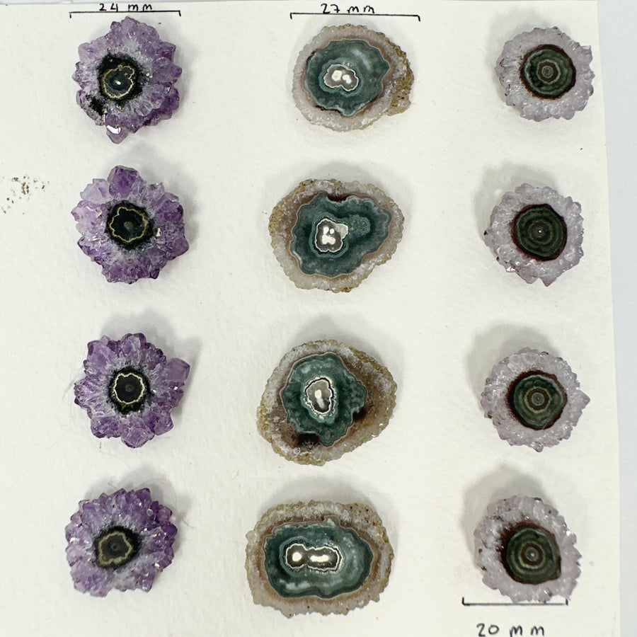Amethyst-Achat-Quarz-Stalaktiten-Scheiben mit radialer Mineralstruktur