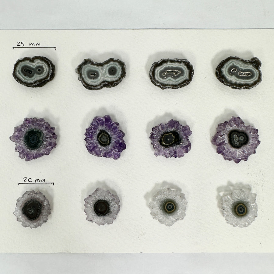 Amethyst-Grünjaspis-Stalaktiten-Scheiben mit farbintensiver Mineralstruktur