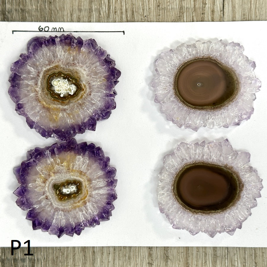 Amethyst-Quarz-Stalaktit-Scheiben-Set mit konzentrischer Mineralstruktur