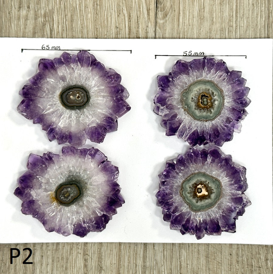 Amethyst-Quarz-Stalaktit-Scheiben-Set mit großen konzentrischen Augen