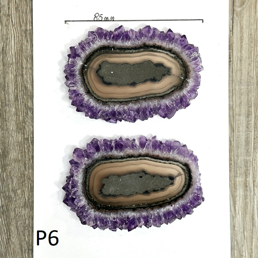 Amethyst-Quarz-Stalaktit-Scheiben-Set mit großen konzentrischen Augen