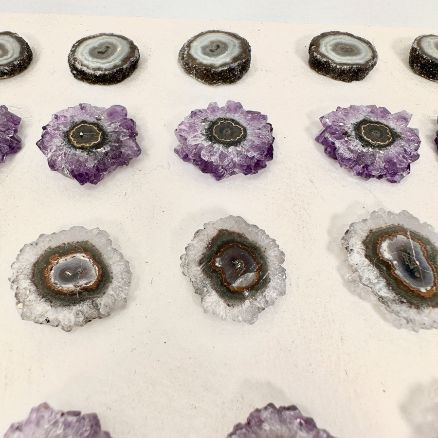Amethyst-Stalaktiten-Scheiben mit radialer Kristallstruktur und violetter Farbzone