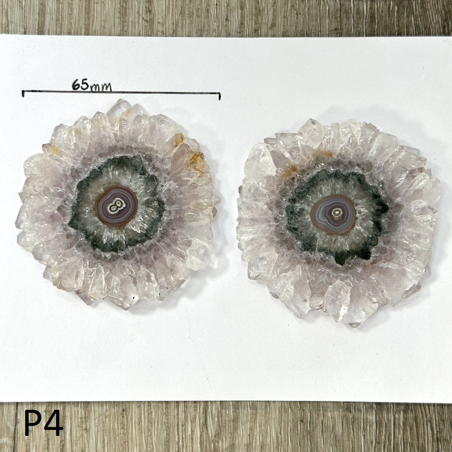 Amethyst-Quarz-Stalaktit-Scheiben-Set mit facettenreichen Farbnuancen