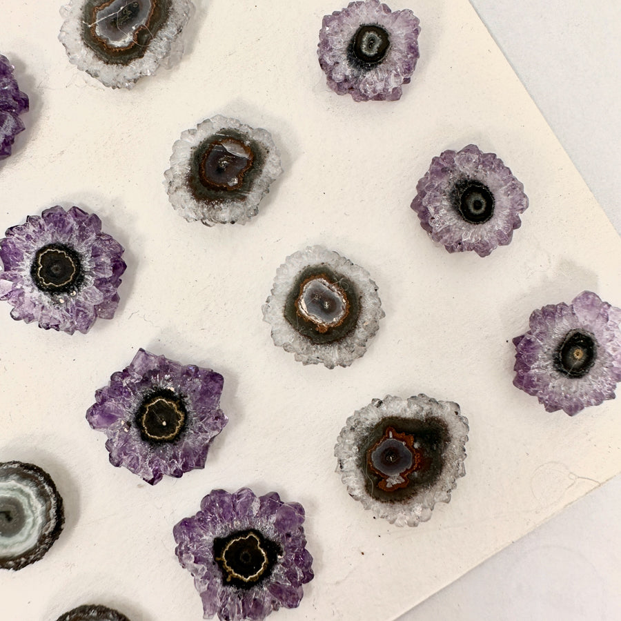 Amethyst-Stalaktiten-Scheiben mit radialer Kristallstruktur und violetter Farbzone