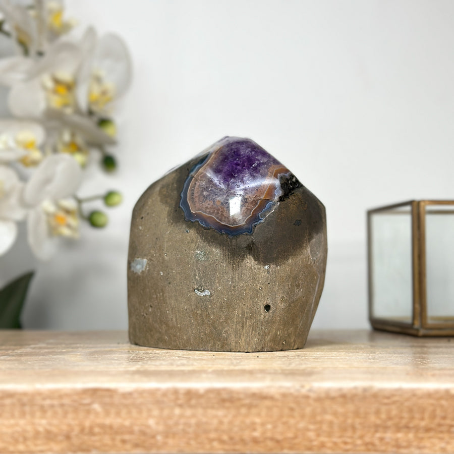 Amethyst-Geode mit polierter Randzone und kompakter Kristallstruktur