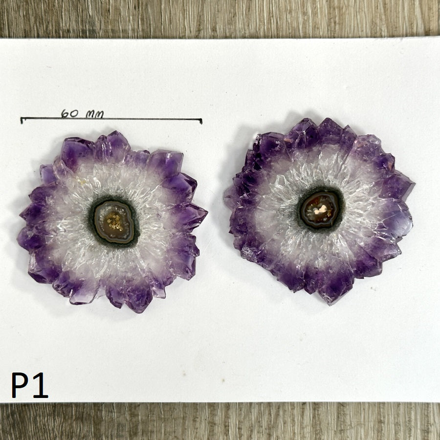 Amethyst-Quarz-Stalaktit-Scheiben-Set mit großen konzentrischen Augen