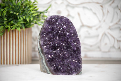 Amethyst-Druse mit tiefvioletter Kristallzone und grüner Jaspis-Matrix