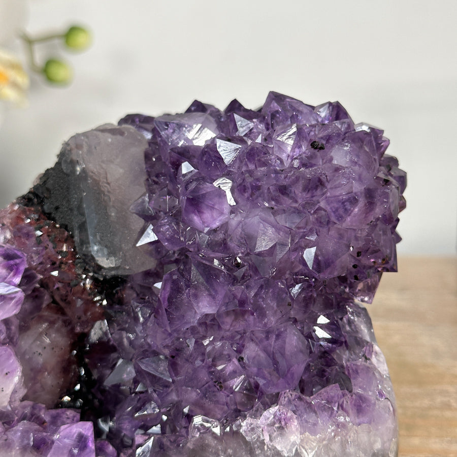 Amethyst-Druse mit integrierter Kalzitformation und klarer Kristallarchitektur