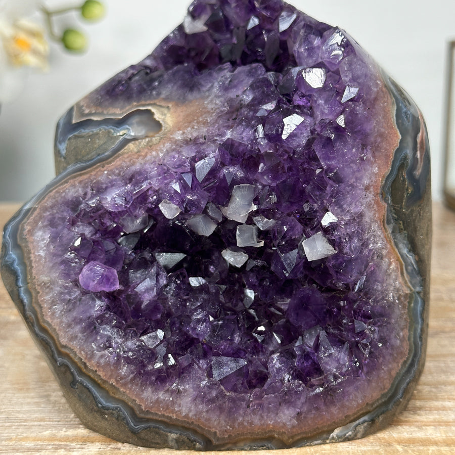Amethyst-Geode mit polierter Randzone und kompakter Kristallstruktur