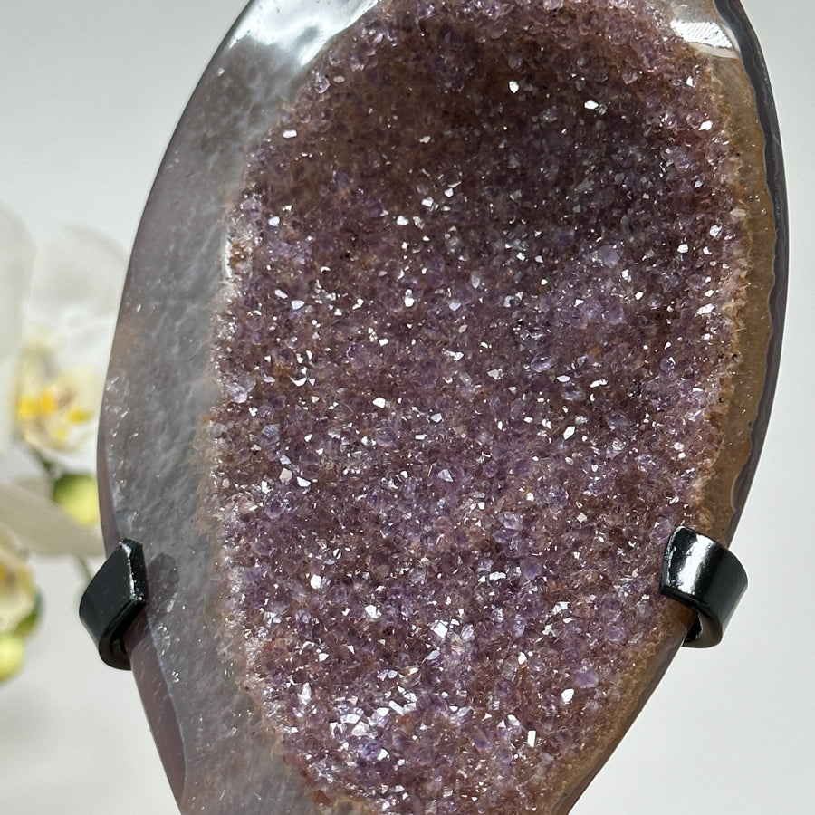 Druzy-Amethyst-Geode mit schimmernder Kristalloberfläche und Quarzschale
