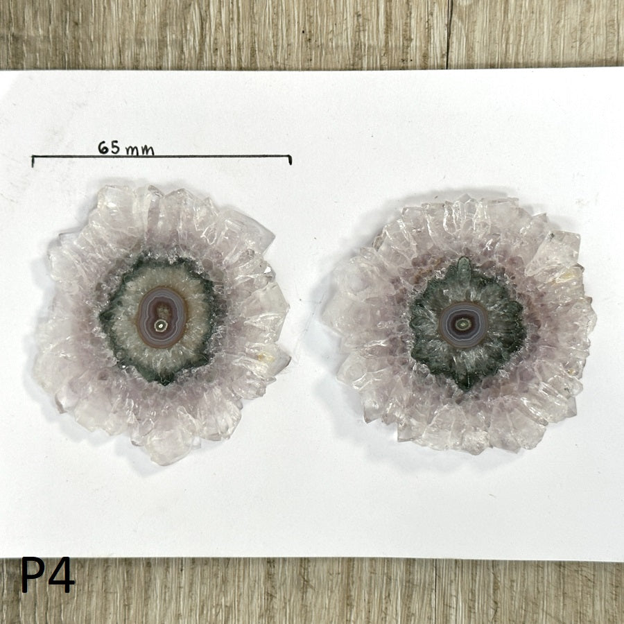 Amethyst-Quarz-Stalaktit-Scheiben-Set mit konzentrischer Mineralstruktur