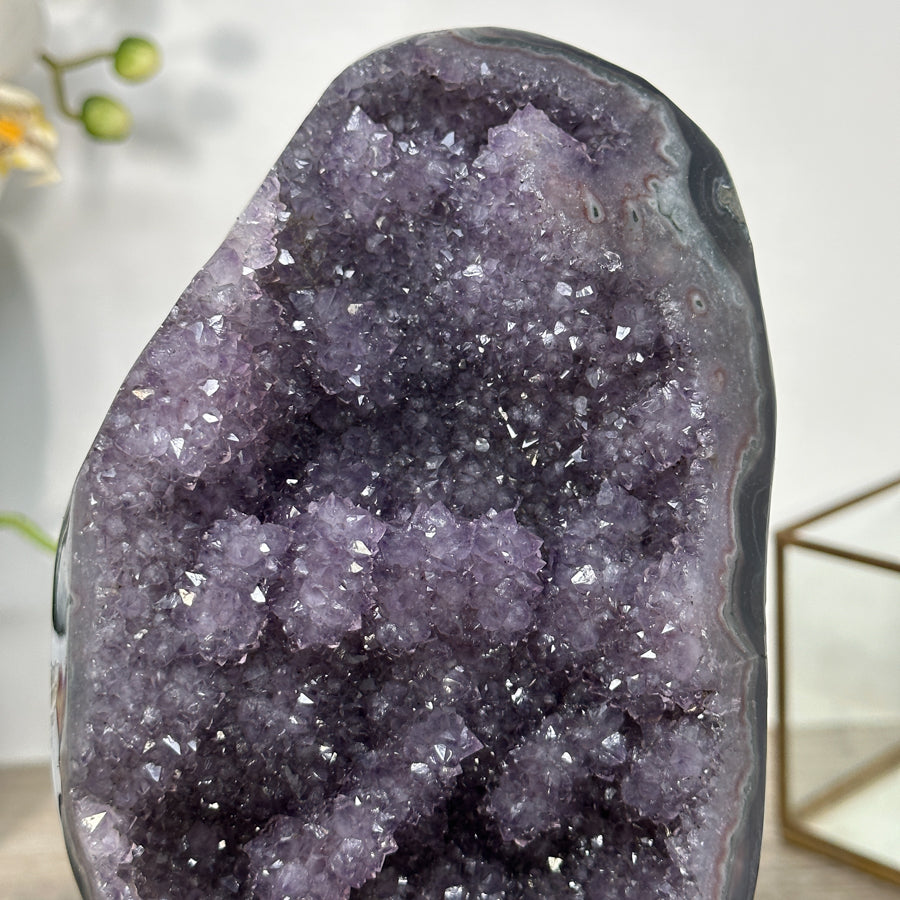 Amethyst-Achat-Geode mit dichter Stalaktitenbildung