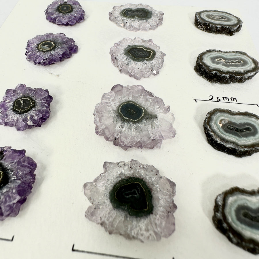 Amethyst-Quarz-Grünjaspis-Stalaktiten-Scheiben mit kontrastreicher Kristallbildung