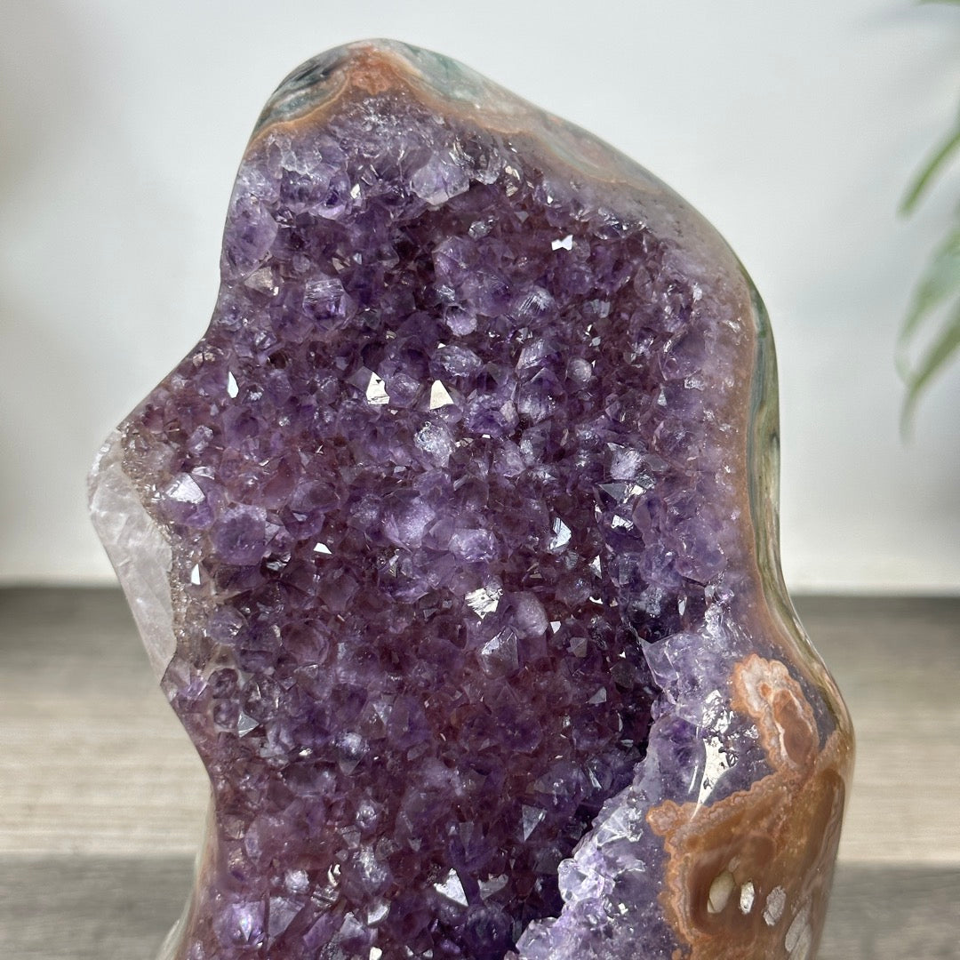Amethyst-Geode in Sammlerqualität mit Kalzitformation und grüner Jaspis Schale
