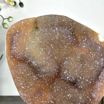 Pfirsichfarbener Quarz-Cluster groß mit sanften Pastelltönen und Druzy-Oberfläche