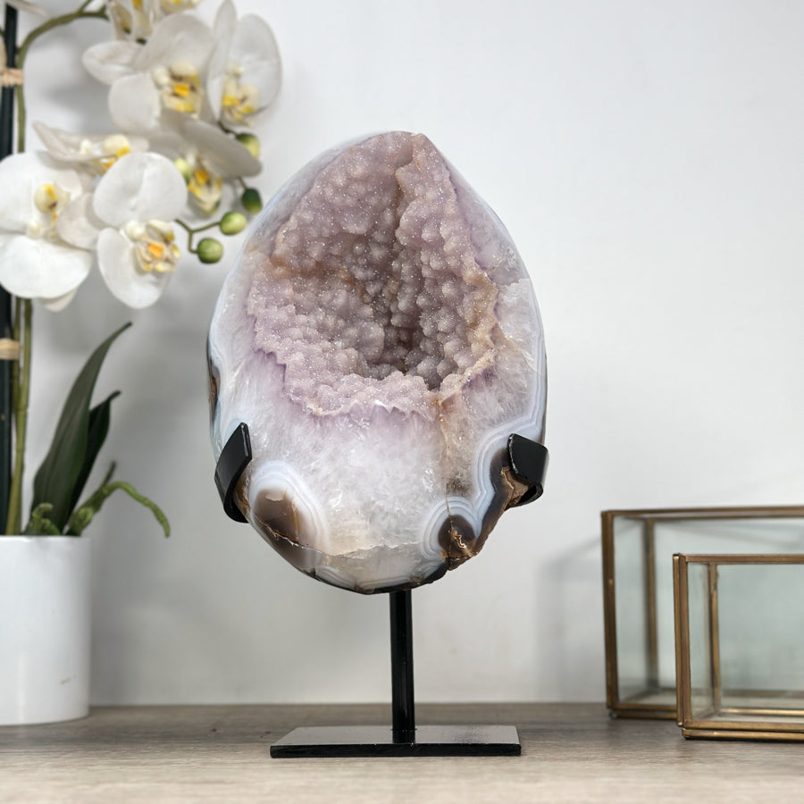 Zucker-Amethyst-Geode groß mit blau gebänderter Achat-Schale