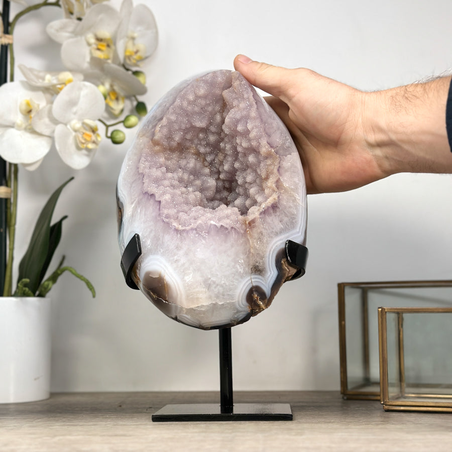 Zucker-Amethyst-Geode groß mit blau gebänderter Achat-Schale