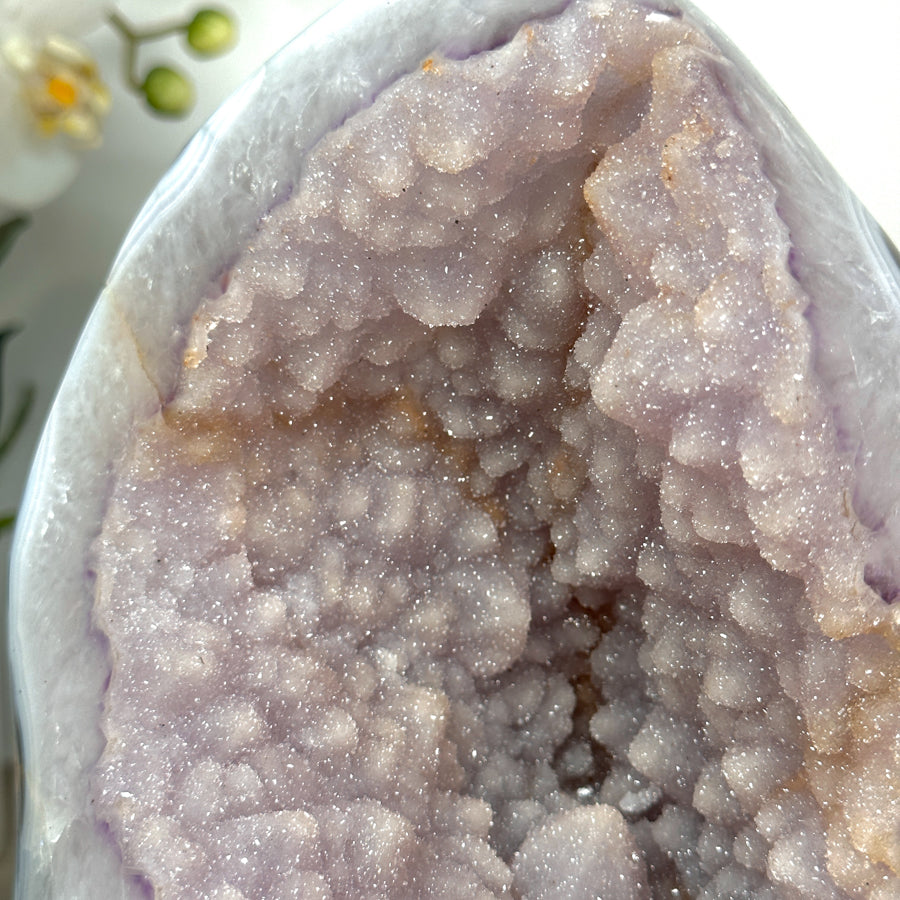 Zucker-Amethyst-Geode groß mit blau gebänderter Achat-Schale