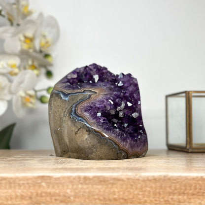 Amethyst-Geode mit polierter Randzone und kompakter Kristallstruktur