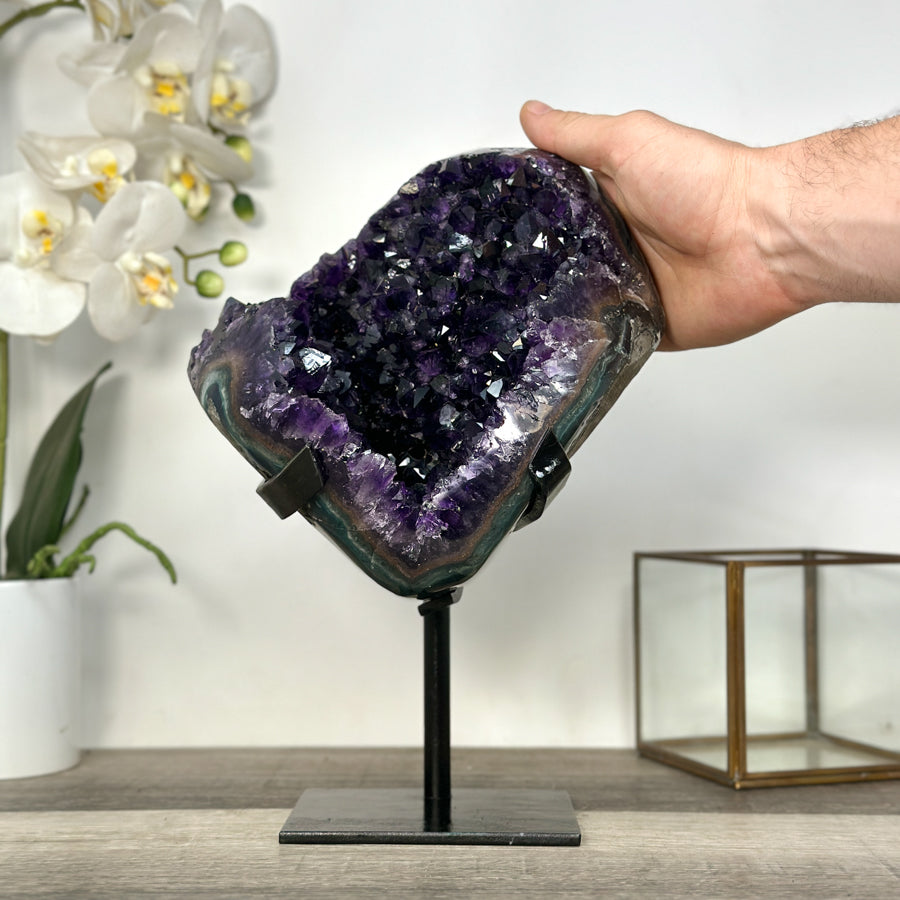 Amethyst-Geode mit intensiv violetter Kristallstruktur und markanter Jaspis-Schale