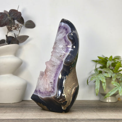 Zucker-Amethyst-Kathedrale groß mit Achat-Schale und fließender Form