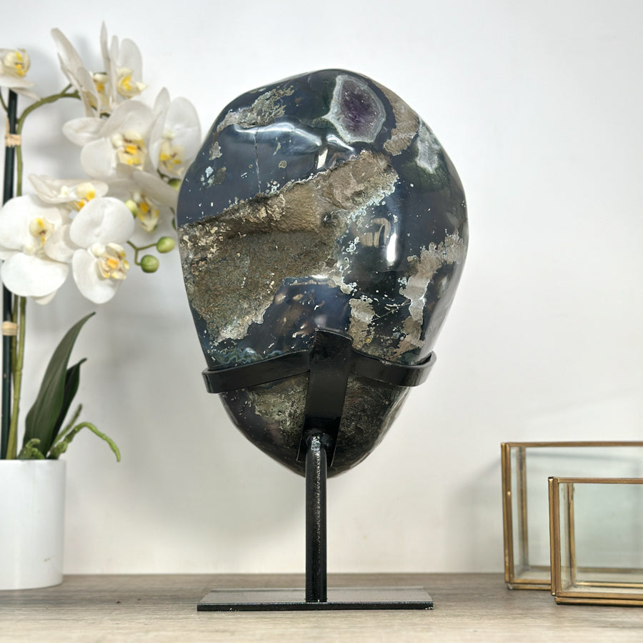 Amethyst-Geode XL mit Achat- und grüner Jaspis-Schale, in exklusiver Premiumqualität