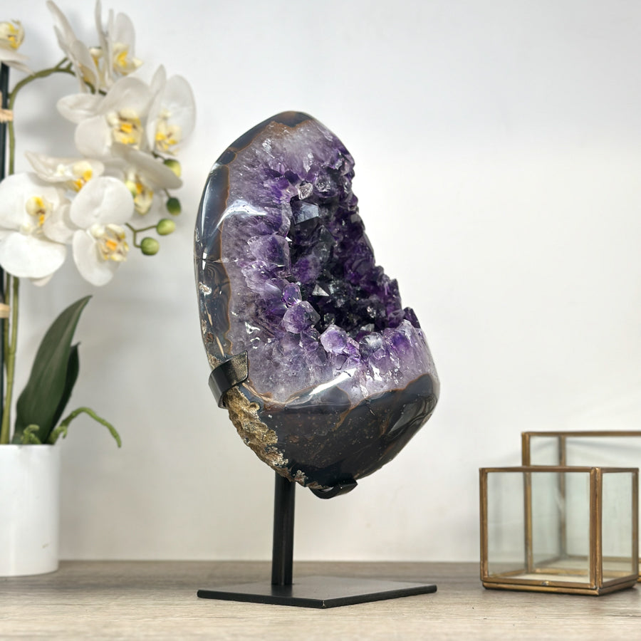 Amethyst-Geode in ovaler Form mit harmonisch verlaufender Kristallstruktur, in exklusiver Premiumqualität