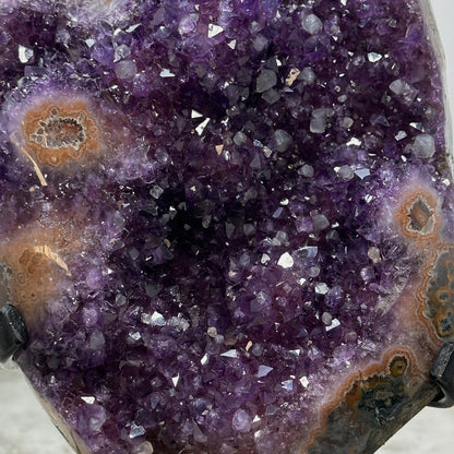 Amethyst-Geode mit eingewachsenen Kalzitkristallen und strukturreicher Kristallkammer