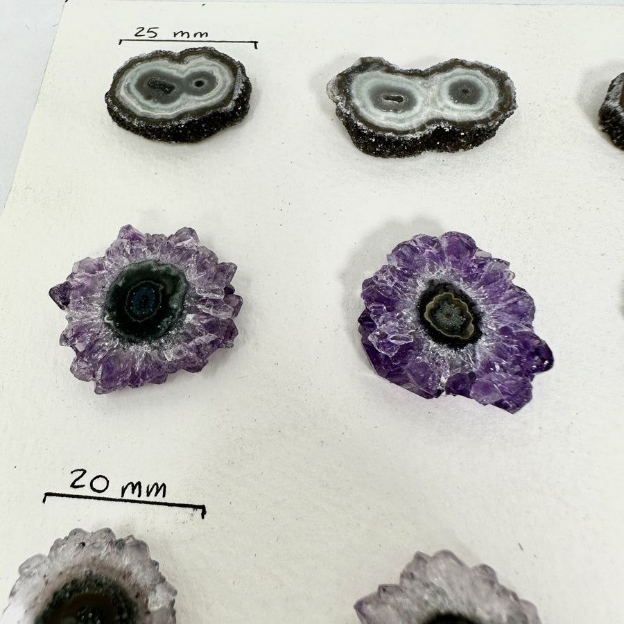 Amethyst-Grünjaspis-Stalaktiten-Scheiben mit farbintensiver Mineralstruktur
