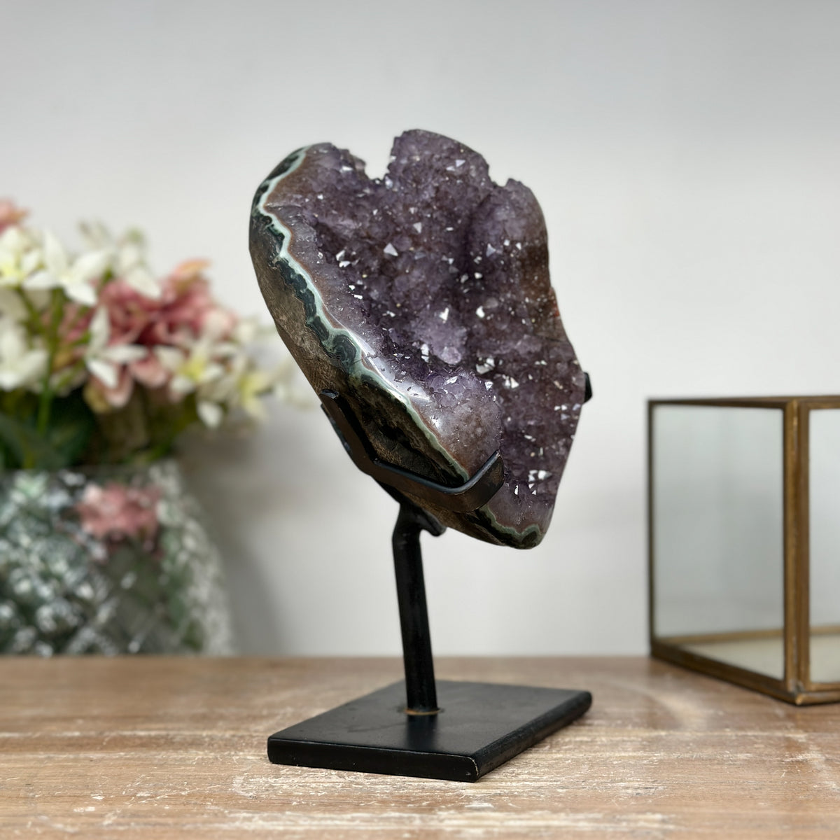 Amethyst-Cluster mit grün gebänderter Jaspisschale und kraftvoller Kristallstruktur, in hochwertiger Naturqualität
