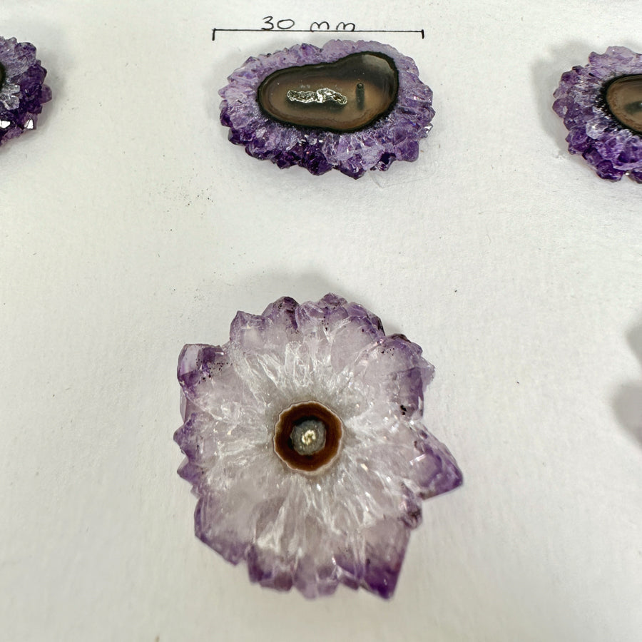Amethyst-Quarz-Stalaktiten-Scheiben mit radialer Kristallstruktur