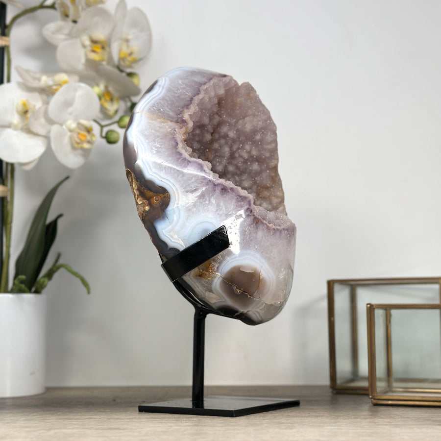 Zucker-Amethyst-Geode groß mit blau gebänderter Achat-Schale