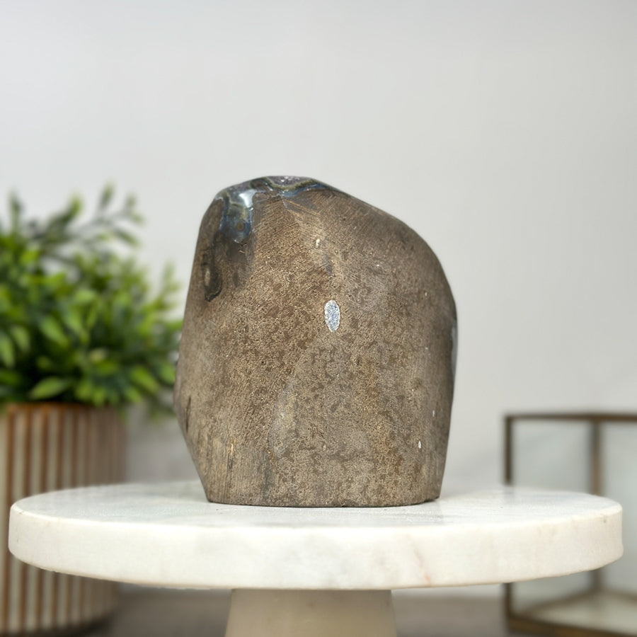 Amethyst-Geode mit geschnittener Standbasis und klarer Kristallstruktur