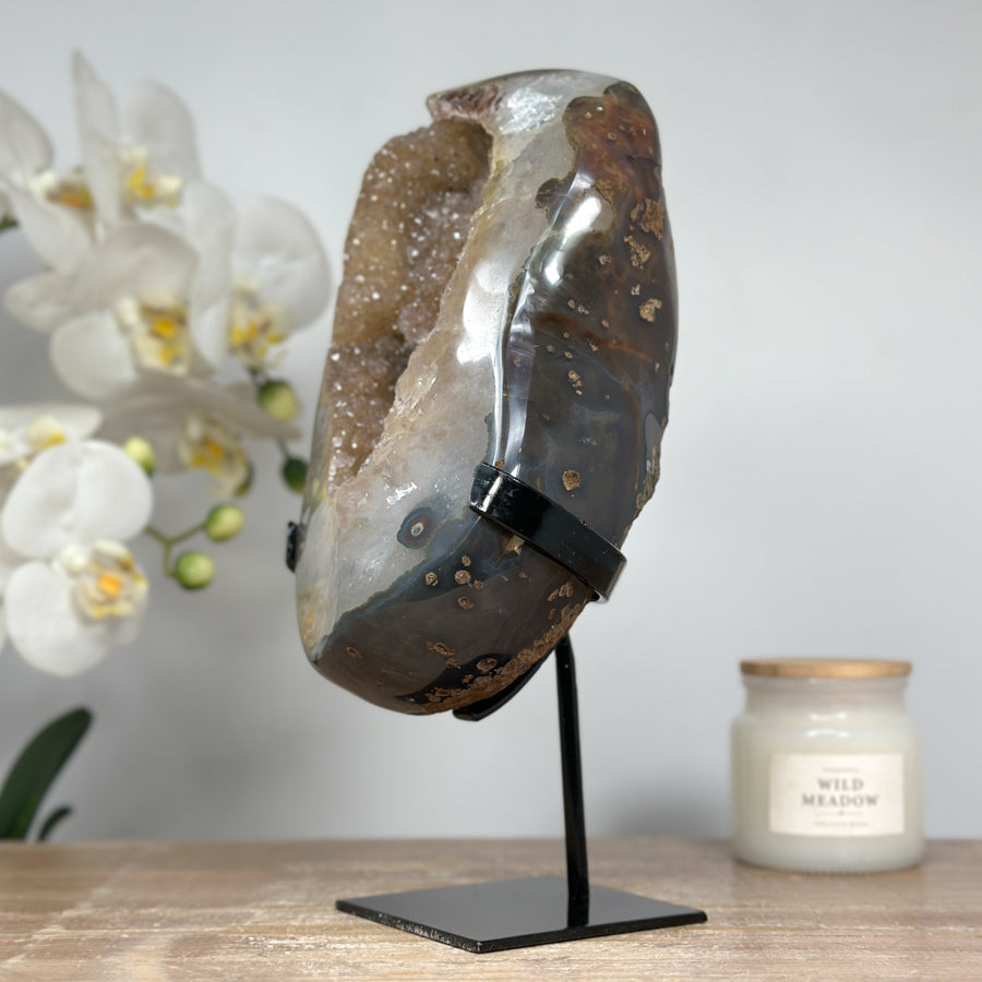 Zucker-Druzy-Kristallcluster gelb mit Quarzmatrix