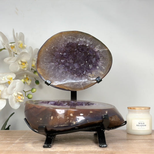 Achat-Amethyst-Geode 2-teilig mit natürlicher Kristallkammer, in ausgewählter Spitzenqualität