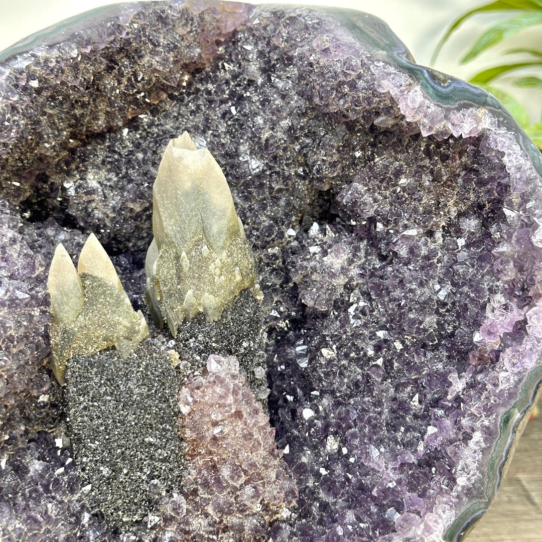 Amethyst-Geode in ausgewählter Spitzenqualität mit seltener Kalzit-Kristallstufe und tiefen Kristallen