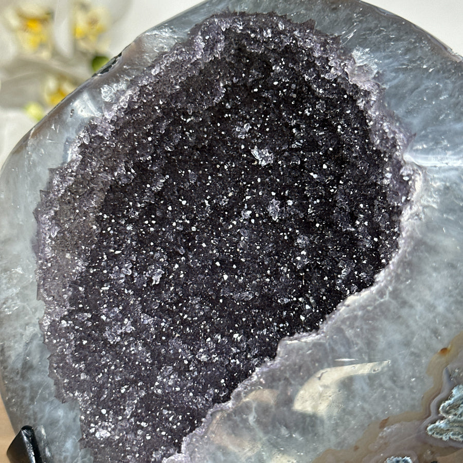Druzy-Amethyst-Geode mit Quarzschale und tiefvioletter Kristallstruktur