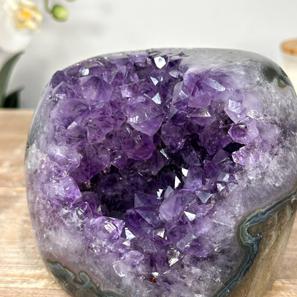 Amethyst-Geode mit klar geöffneter Kristallkammer und polierten Randflächen