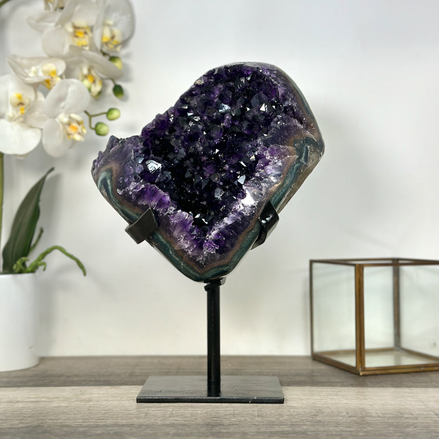 Amethyst-Geode mit intensiv violetter Kristallstruktur und markanter Jaspis-Schale