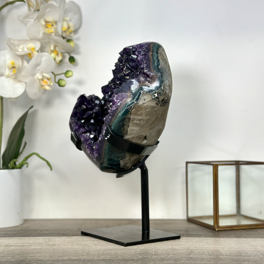 Amethyst-Geode mit intensiv violetter Kristallstruktur und markanter Jaspis-Schale