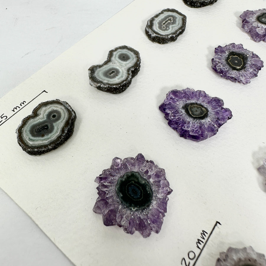 Amethyst-Grünjaspis-Stalaktiten-Scheiben mit farbintensiver Mineralstruktur