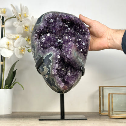 Amethyst-Geode XL mit Achat- und grüner Jaspis-Schale, in exklusiver Premiumqualität