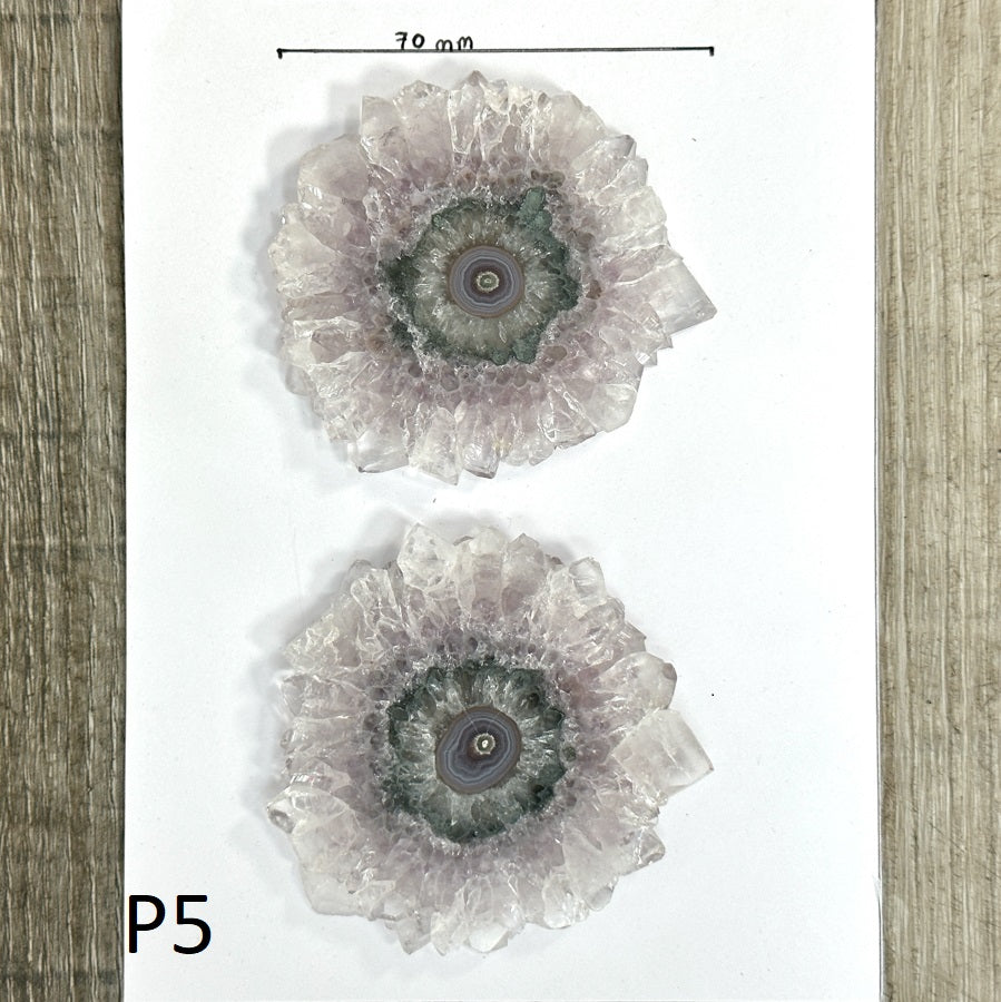 Amethyst-Quarz-Stalaktit-Scheiben-Set mit großen konzentrischen Augen