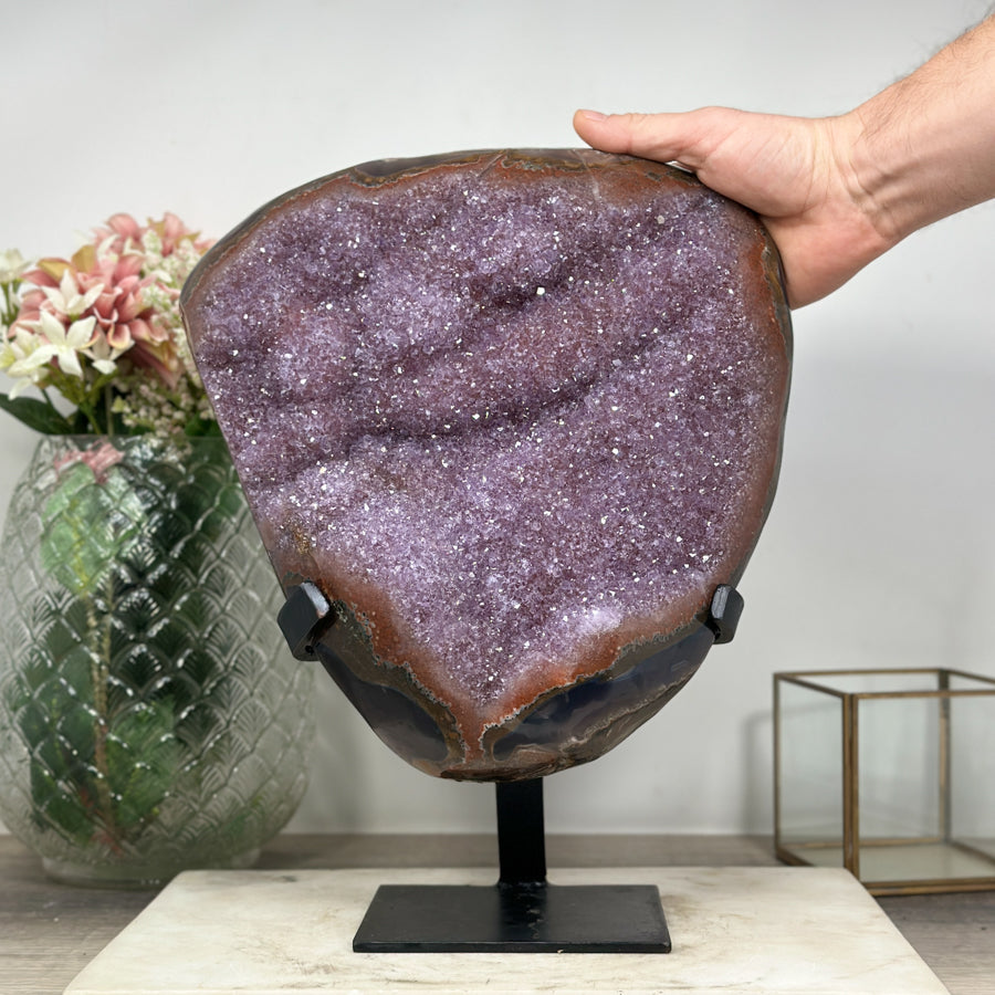 Lavendel-Amethyst-Cluster groß mit kontrastreicher Achat-Schale