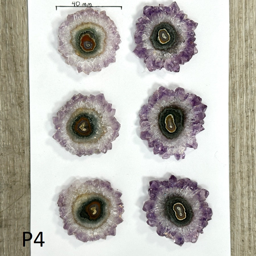 Amethyst-Quarz-Stalaktit-Scheiben-Set mit großen konzentrischen Augen
