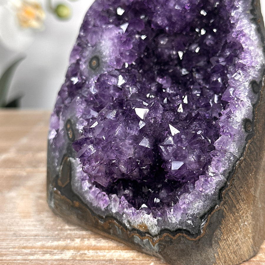 Amethyst-Druse mit stalaktitischer Kristallstruktur und tropfsteinartiger Innenarchitektur