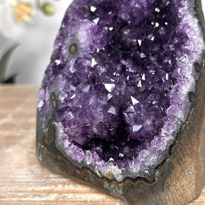 Amethyst-Druse mit stalaktitischer Kristallstruktur und tropfsteinartiger Innenarchitektur