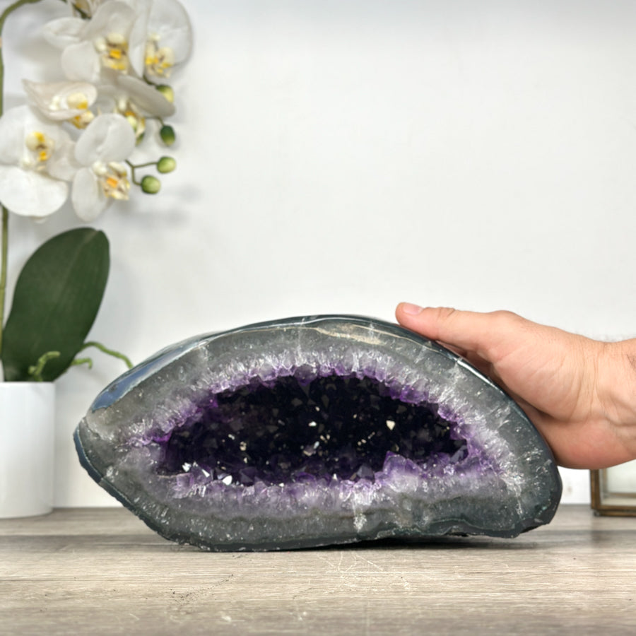 Amethyst-Achat-Geode mit klar definierter Kristallkammer und strukturierter Randzone
