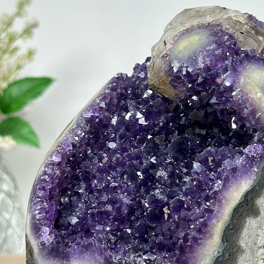 Amethyst-Geode mit reich ausgebildeter, violetter Kristallstruktur im Inneren